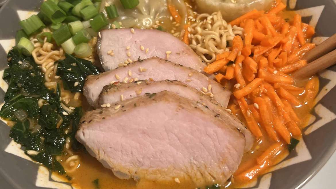 Seared Pork Ramen with Dumplings & Sautéed Kale