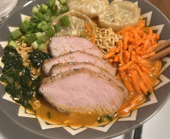 Seared Pork Ramen with Dumplings & Sautéed Kale